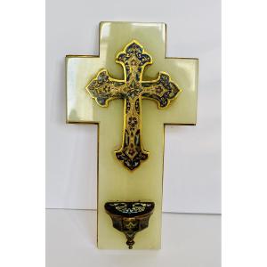 Bronze Cloisonné, Onyx, And Brass Holy Water Font